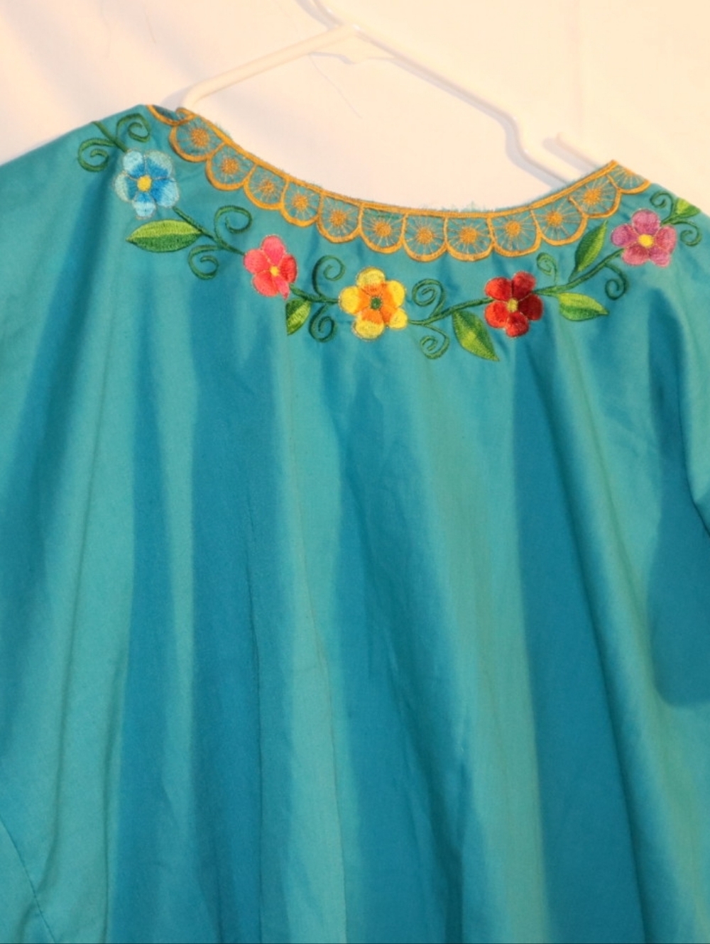 Teal Mexican Embroidered Blouse – Artisan Cotton Peasant Top, Boho Fiesta Sz 18 - Picture 7 of 10